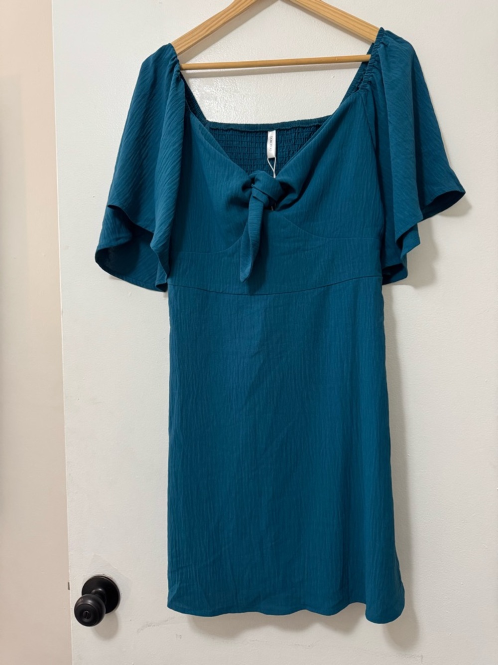 Flutter Sleeve Tie-Front Mini Dress in Teal